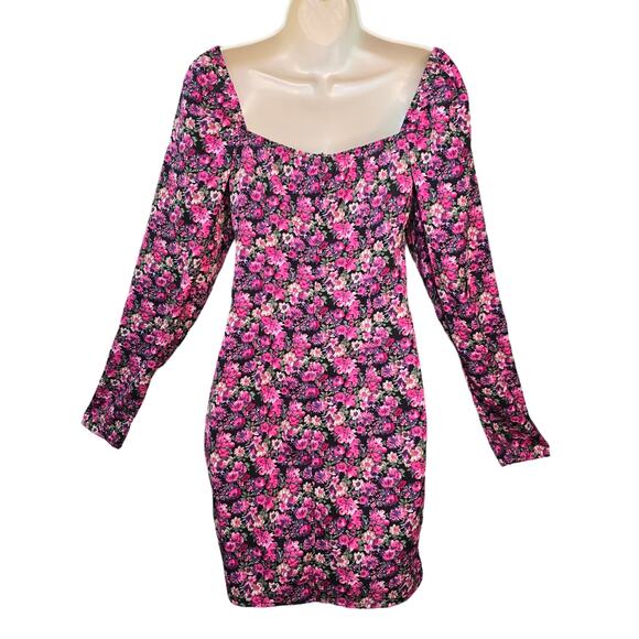 Pretty Little Thing Dress Womens Black Pink Floral Bow Slit Bodycon Cottagecore - Picture 2 of 13